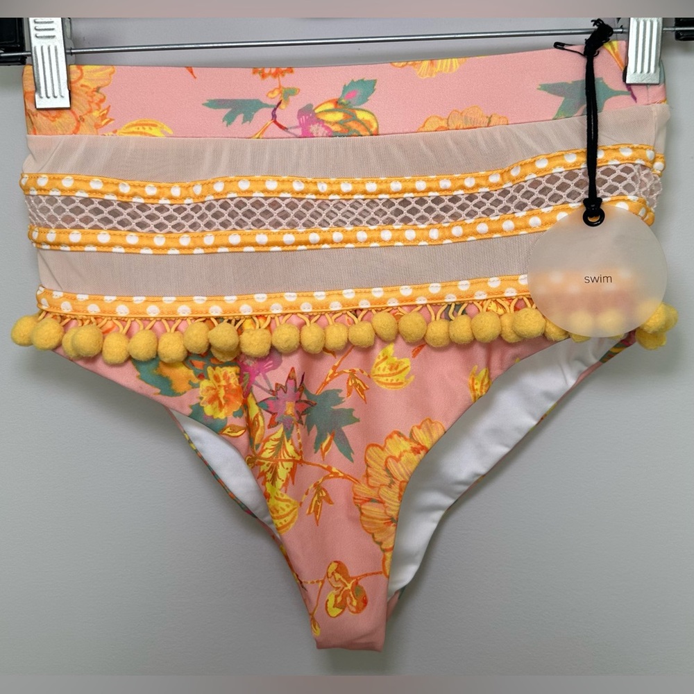 Tularosa Revolve Nina Pink Yellow Floral Pom Pom Mesh High Waist Bikini Bottom